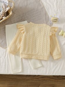 SHEIN Playful Pals 女嬰幼兒新生兒 0-3 歲 春秋時尚針織毛茸茸羅紋 3D 花朵與蜜蜂開襟外套 + 內搭長褲套裝，戶外穿著 - 彩色 - 查看 2