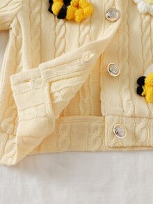 SHEIN Playful Pals 女嬰幼兒新生兒 0-3 歲 春秋時尚針織毛茸茸羅紋 3D 花朵與蜜蜂開襟外套 + 內搭長褲套裝，戶外穿著 - 彩色 - 查看 7