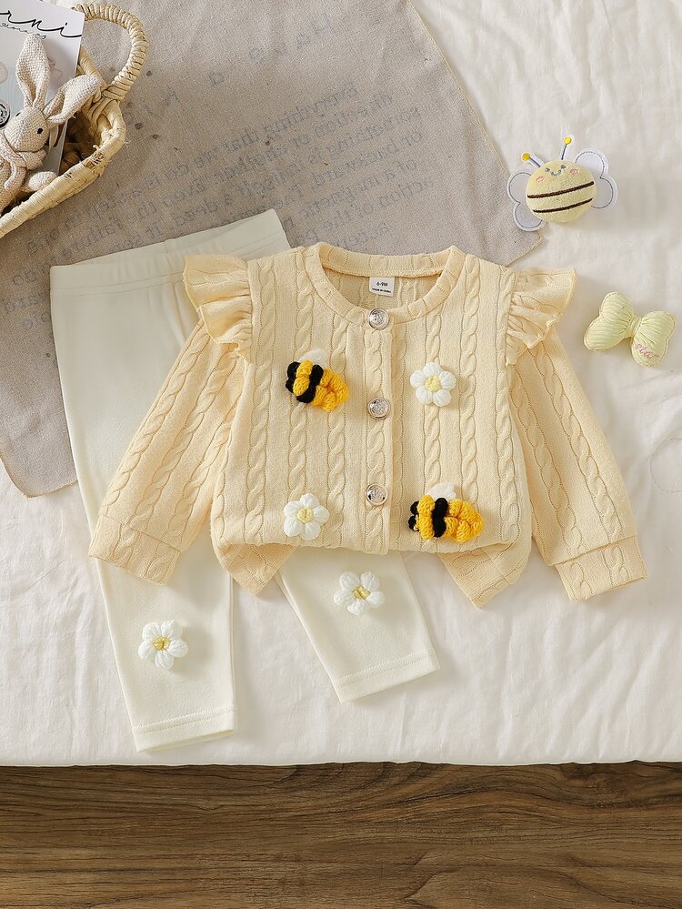 SHEIN Playful Pals Set Pakaian Bayi Perempuan Balita Newborn 0-3 Tahun Musim Semi dan Gugur, Jaket Kardigan Rajut Berbulu Bertekstur dengan Bunga 3D & Lebah + Legging Celana Panjang, Outfit Outdoor - MultiWarna - View 1