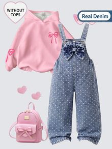 SHEIN Genkimix Kids Girls' Denim Overalls, Medium Blue, 3D Bow Polka Dot Print, Straight Loose Fit, Autumn Fall Daily Vacation - Medium Wash - View 2