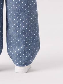SHEIN Genkimix Kids Girls' Denim Overalls, Medium Blue, 3D Bow Polka Dot Print, Straight Loose Fit, Autumn Fall Daily Vacation - Medium Wash - View 5