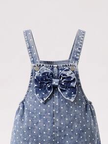 SHEIN Genkimix Kids Girls' Denim Overalls, Medium Blue, 3D Bow Polka Dot Print, Straight Loose Fit, Autumn Fall Daily Vacation - Medium Wash - View 6