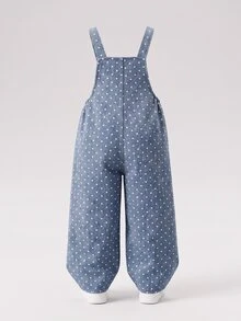 SHEIN Genkimix Kids Girls' Denim Overalls, Medium Blue, 3D Bow Polka Dot Print, Straight Loose Fit, Autumn Fall Daily Vacation - Medium Wash - View 3