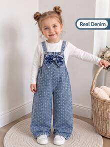 SHEIN Genkimix Kids Girls' Denim Overalls, Medium Blue, 3D Bow Polka Dot Print, Straight Loose Fit, Autumn Fall Daily Vacation - Medium Wash - View 4