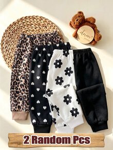 2 Buah Celana Jogger Termal untuk Bayi Perempuan (Acak), Motif Hati, Mawar & Leopard yang Lucu, Pinggang Elastis, dan Manset. - MultiWarna - View 4