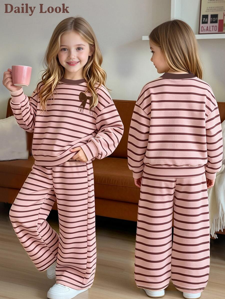 Young Girls 2 Pcs Fall Outfits Striped Bow Decor Long Sleeve Crew Neck Sweatshirt & Wide Leg Pants , Fall Clothes Winter - Multicolor - View 1
