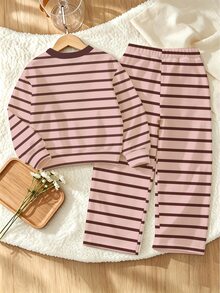 Young Girls 2 Pcs Fall Outfits Striped Bow Decor Long Sleeve Crew Neck Sweatshirt & Wide Leg Pants , Fall Clothes Winter - Multicolor - View 2