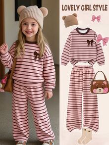 Young Girls 2 Pcs Fall Outfits Striped Bow Decor Long Sleeve Crew Neck Sweatshirt & Wide Leg Pants , Fall Clothes Winter - Multicolor - View 3