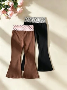 SHEIN Vintaside Kids 2件組幼童女童喇叭寬腿褲 可愛甜美咖啡色與黑色 蝴蝶結波點豹紋印花 常規款 生日派對 秋季聖誕節假期芭蕾風鬆緊腰 - 咖啡棕 - 查看 3