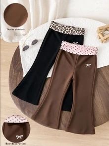 SHEIN Vintaside Kids 2件組幼童女童喇叭寬腿褲 可愛甜美咖啡色與黑色 蝴蝶結波點豹紋印花 常規款 生日派對 秋季聖誕節假期芭蕾風鬆緊腰 - 咖啡棕 - 查看 4