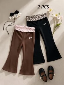 SHEIN Vintaside Kids 2件組幼童女童喇叭寬腿褲 可愛甜美咖啡色與黑色 蝴蝶結波點豹紋印花 常規款 生日派對 秋季聖誕節假期芭蕾風鬆緊腰 - 咖啡棕 - 查看 2