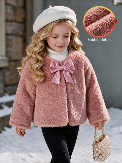 SHEIN Playful Pals Palton cardigan de pluș pentru fetiță, calduroasă și elegantă, perfectă pentru exterior, toamnă și iarnă