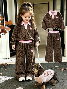 SHEIN Elladie kids 少女豹紋兩件套，粉色領長袖上衣與寬腿褲組合，可愛愛心設計 - 棕色 - 查看 4