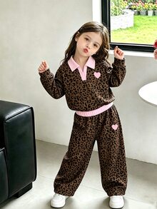 SHEIN Elladie kids 少女豹紋兩件套，粉色領長袖上衣與寬腿褲組合，可愛愛心設計 - 棕色 - 查看 5