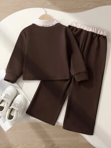 SHEIN Elladie kids 女童深藍色2合1套裝，深藍色長袖衛衣＋淺藍色領口2合1拼接設計，羅紋袖口；搭配同款寬腿長褲，適合日常上學、返校季、郊外出遊、姐妹聚會、拜訪親友，春秋穿著，時尚可愛 - 棕色 - 查看 2