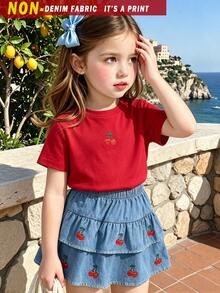 Genkimix Kids Girls Cherry Summer Set, Red Cherry‑Print Short Sleeve + Denim Print Blue Double‑Layer Ruffle Skirt, Cute Red‑Blue Outfit For Spring Summer Daily Play - Red - View 4
