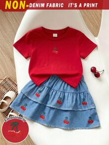 Genkimix Kids Girls Cherry Summer Set, Red Cherry‑Print Short Sleeve + Denim Print Blue Double‑Layer Ruffle Skirt, Cute Red‑Blue Outfit For Spring Summer Daily Play - Red - View 2