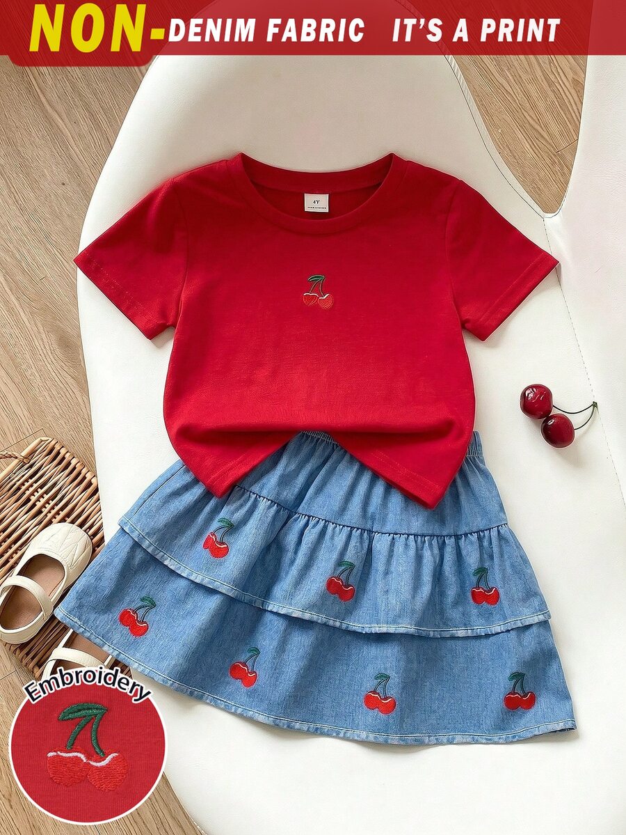 Genkimix Kids Girls Cherry Summer Set, Red Cherry‑Print Short Sleeve + Denim Print Blue Double‑Layer Ruffle Skirt, Cute Red‑Blue Outfit For Spring Summer Daily Play