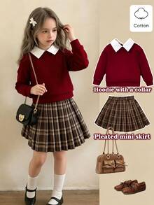SHEIN Elladie kids 2件套女童休闲毛领卫衣和格子百褶裙套装，适合春秋季穿着 - 酒紅色 - 查看 2