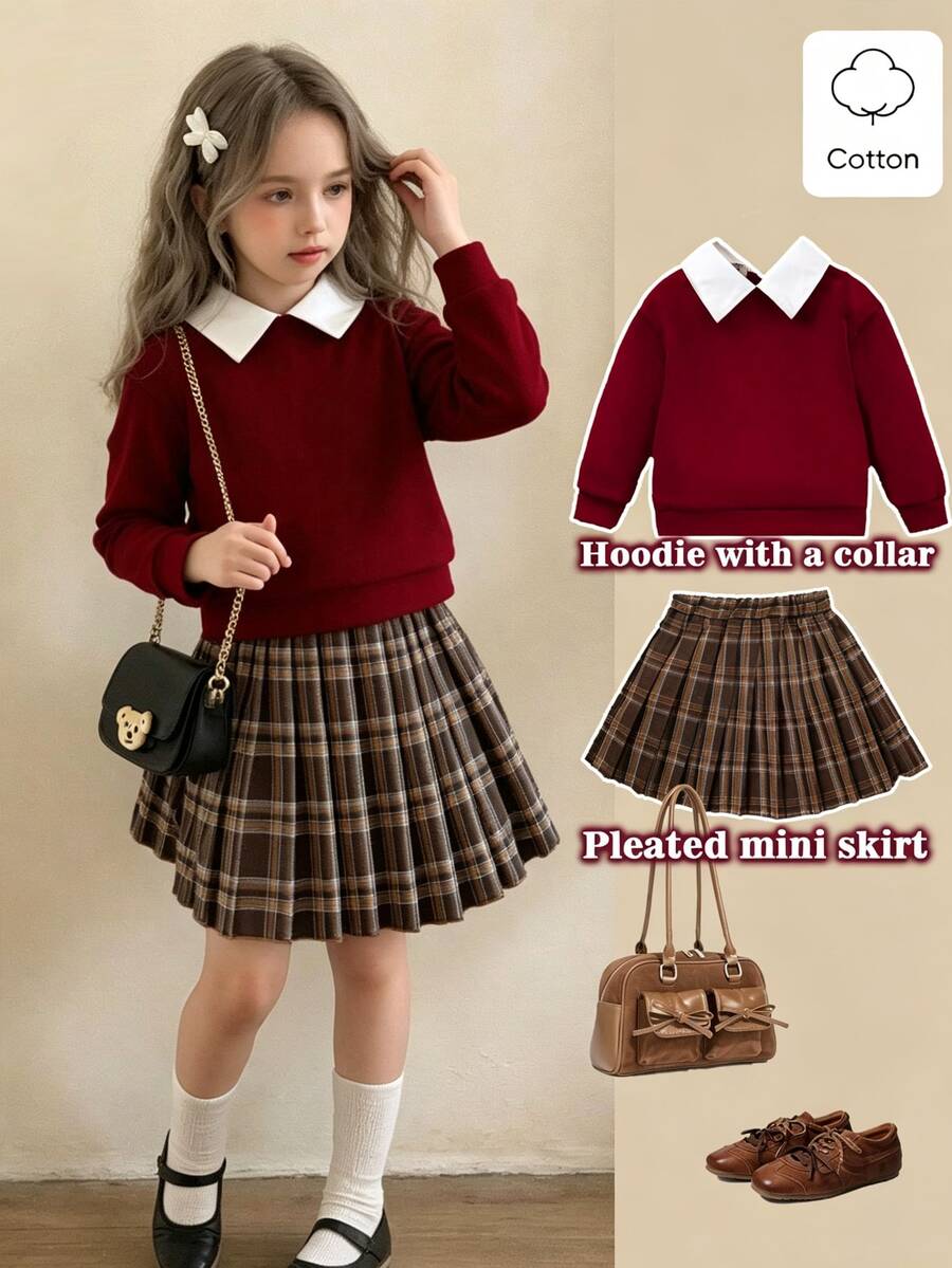 SHEIN Elladie kids 2件套女童休闲毛领卫衣和格子百褶裙套装，适合春秋季穿着