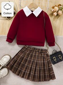 SHEIN Elladie kids 2件套女童休闲毛领卫衣和格子百褶裙套装，适合春秋季穿着 - 酒紅色 - 查看 6