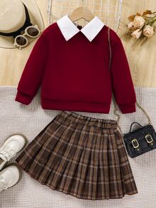 SHEIN Elladie kids 2件套女童休闲毛领卫衣和格子百褶裙套装，适合春秋季穿着 - 酒紅色 - 查看 7