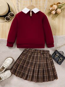 SHEIN Elladie kids 2件套女童休闲毛领卫衣和格子百褶裙套装，适合春秋季穿着 - 酒紅色 - 查看 3