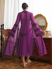 Côtesoire Women's Lace Patchwork Camisole Dress And Robe Casual Loungewear Sleepwear Set - Purple - View 2