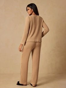 HautHeat Women's Solid Color Camisole Top & Long Pants Lounge Set - Camel - View 2