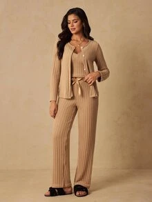 HautHeat Women's Solid Color Camisole Top & Long Pants Lounge Set - Camel - View 3