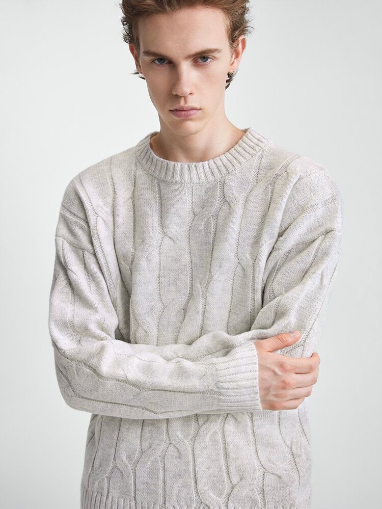 Claim Dot Men's Crew Neck Lazy Long Sleeve Pullover Sweater, Casual Knitted Autumn/Winter Clothing, Autumn/Winter Heather Gray Loose Fit Versatile 3D Pattern Long Sleeve Pullover Sweater - Light Grey - View 8