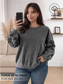 CosyJoli Plus Size Women's Vintage Vacation Embroidered Long Sleeve Sweatshirt Fall - Grey - View 3