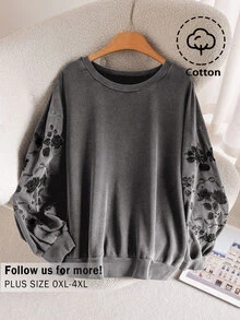 CosyJoli Plus Size Women's Vintage Vacation Embroidered Long Sleeve Sweatshirt Fall - Grey - View 1