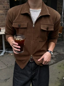 DAZY Spring/Autumn Lightweight Corduroy Fabric Short Jacket With Chest Pocket Design For Men - Brown - View 2