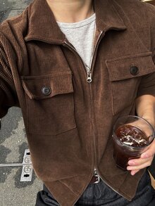 DAZY Spring/Autumn Lightweight Corduroy Fabric Short Jacket With Chest Pocket Design For Men - Brown - View 7
