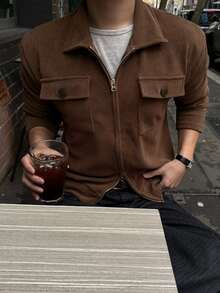 DAZY Spring/Autumn Lightweight Corduroy Fabric Short Jacket With Chest Pocket Design For Men - Brown - View 5