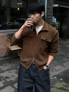 DAZY Spring/Autumn Lightweight Corduroy Fabric Short Jacket With Chest Pocket Design For Men - Brown - View 3