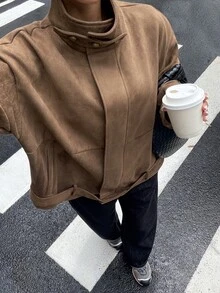 DAZY Solid Color Loose Suede Jacket With Stand Collar, Long Sleeve, Belt, Casual Street Style Spring Autumn Jacket For Women, Regular Fit - Coffee Brown - View 3