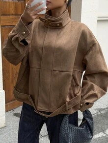 DAZY Solid Color Loose Suede Jacket With Stand Collar, Long Sleeve, Belt, Casual Street Style Spring Autumn Jacket For Women, Regular Fit - Coffee Brown - View 2