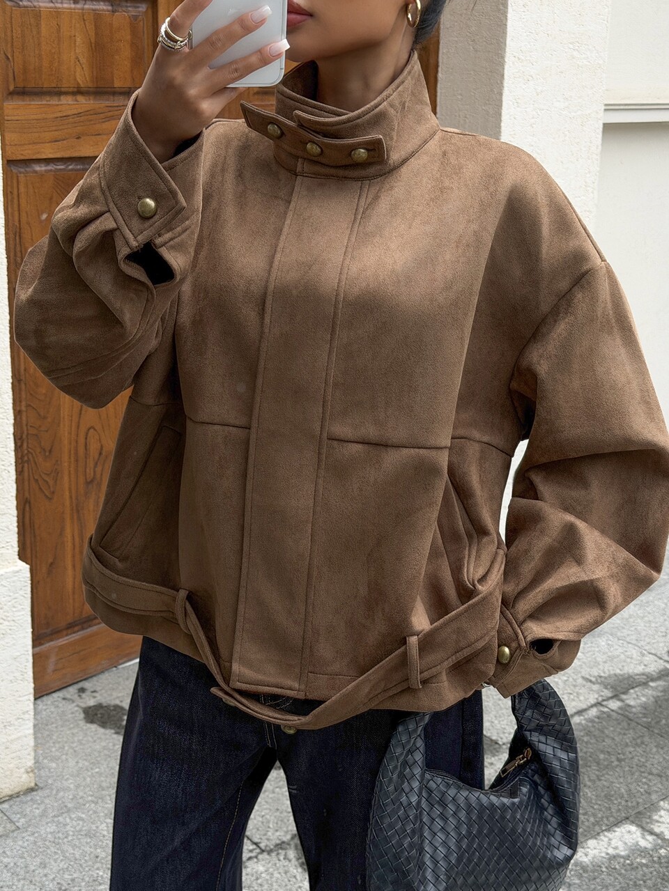 Solid Color Loose Suede Jacket With Stand Collar, Long Sleeve, Belt, Casual Street Style Spring Autumn Jacket For Women, Regular Fit