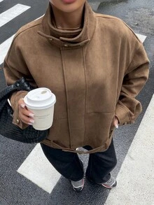 DAZY Solid Color Loose Suede Jacket With Stand Collar, Long Sleeve, Belt, Casual Street Style Spring Autumn Jacket For Women, Regular Fit - Coffee Brown - View 4