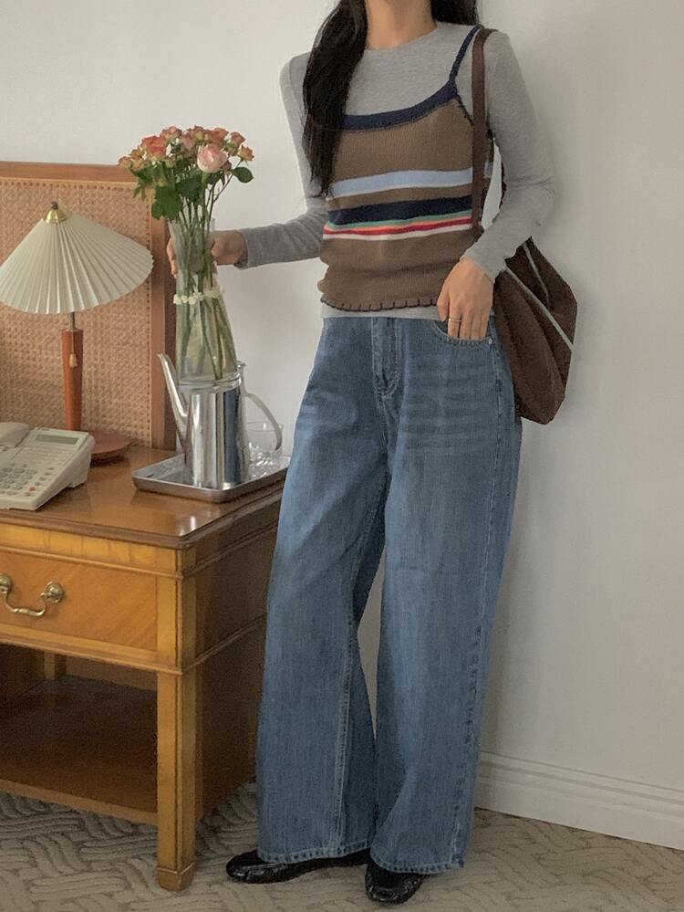 DAZY Atasan Cami Berlapis Garis-Garis Colorblock Wanita, Rompi Sweater Kasual Gaya Korea untuk Liburan Musim Semi/Gugur - Coklat - View 3