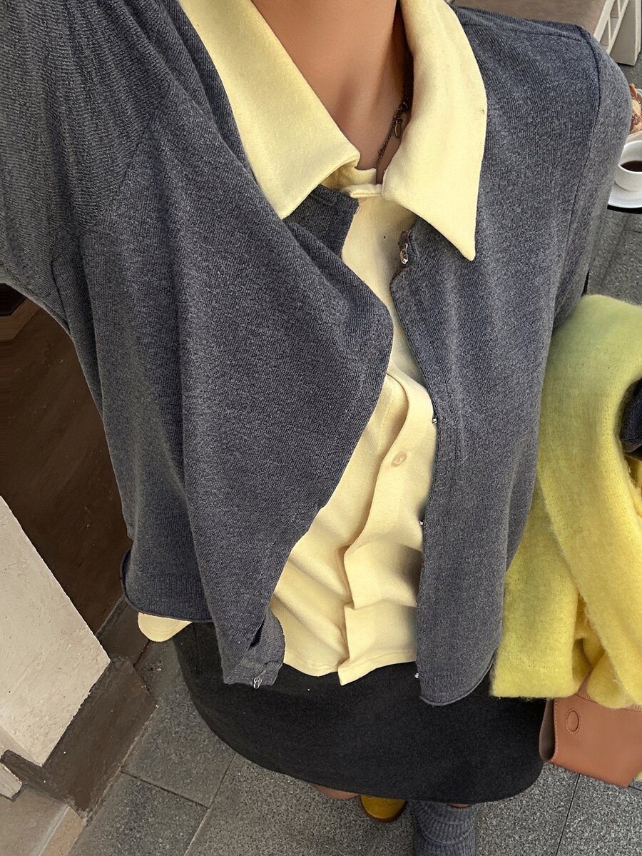 Dazy Plus Spring/Autumn New Colorblock Patchwork Layered Collar Button-Up Casual Versatile T-Shirt Long Sleeve Tops - Grey - View 1