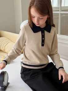DAZY Girls' (Big) Polo Collar Loose Colorblock Sweater Top, Thick Knit, Autumn/Winter - Apricot - View 8