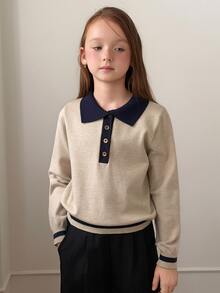DAZY Girls' (Big) Polo Collar Loose Colorblock Sweater Top, Thick Knit, Autumn/Winter - Apricot - View 3