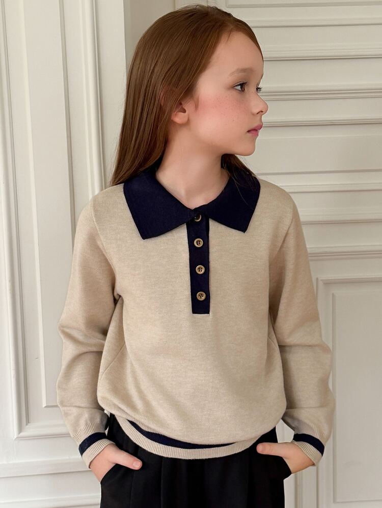 DAZY Girls' (Big) Polo Collar Loose Colorblock Sweater Top, Thick Knit, Autumn/Winter - Apricot - View 5