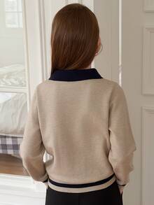 DAZY Girls' (Big) Polo Collar Loose Colorblock Sweater Top, Thick Knit, Autumn/Winter - Apricot - View 4