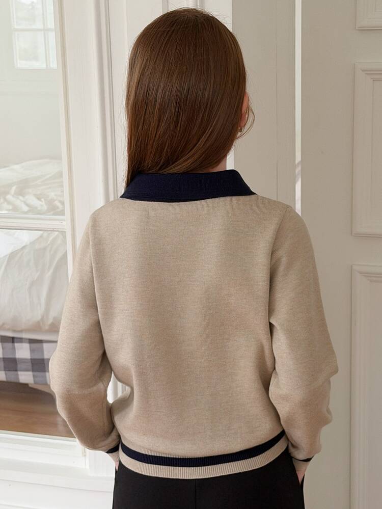 DAZY Girls' (Big) Polo Collar Loose Colorblock Sweater Top, Thick Knit, Autumn/Winter - Apricot - View 4