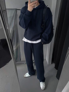DAZY Spring/Autumn Ribbed Fabric Navy Blue Hooded Sweatshirt With Elastic Waist Straight Leg Sweatpants Men's Hooded Sweatshirt Set - Navy Blue - View 7