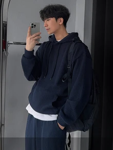 DAZY Spring/Autumn Ribbed Fabric Navy Blue Hooded Sweatshirt With Elastic Waist Straight Leg Sweatpants Men's Hooded Sweatshirt Set - Navy Blue - View 8